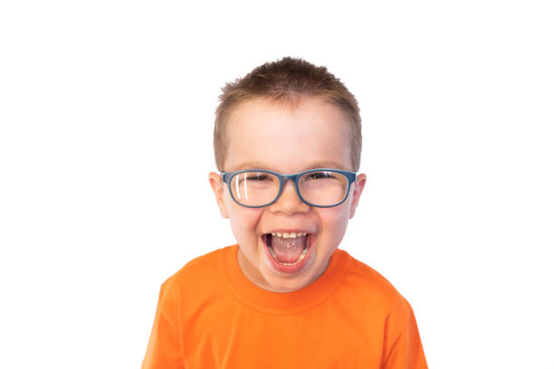 istock Little cute boy in glasses fun laughing, isolated on white background 1161961861