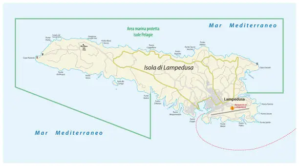Vector illustration of road map of the italian mediterranean sea island Lampedusa Italy
