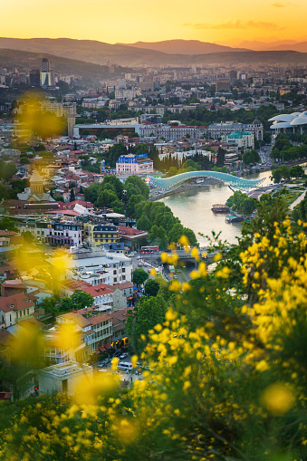 Top view of Bride of peace, landmark of Tbilisi in Georgia at Twilight time