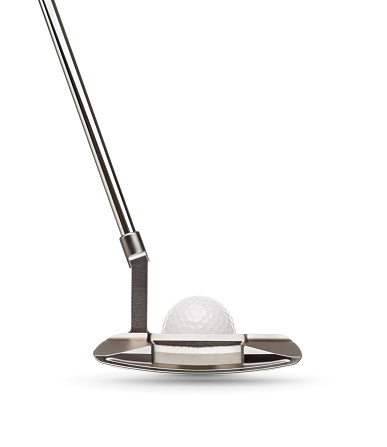 Back of Golf Club Putter With Golf Ball Isolated on a White Background.