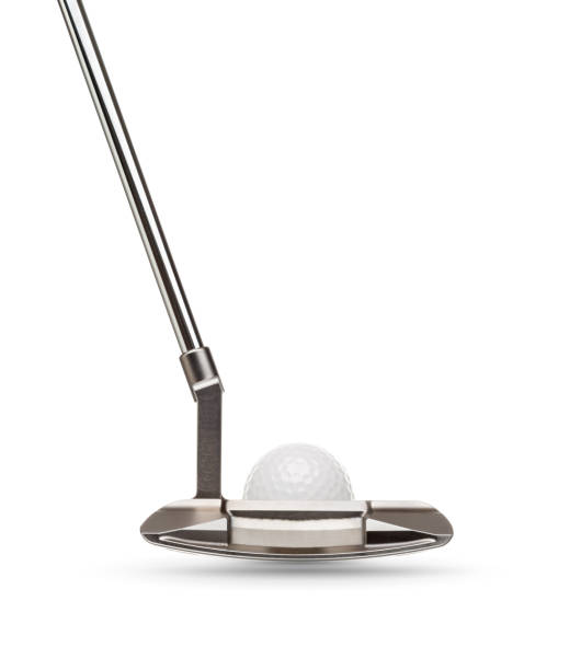 back of golf club putter with golf ball isolated on a white background - putting imagens e fotografias de stock