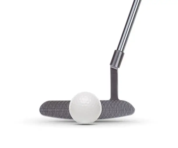 Front of Golf Club Putter With Golf Ball Isolated on a White Background.