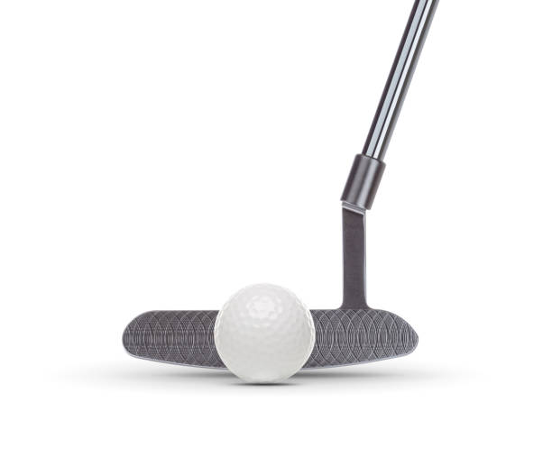 front of golf club putter with golf ball isolated on a white background - putting imagens e fotografias de stock