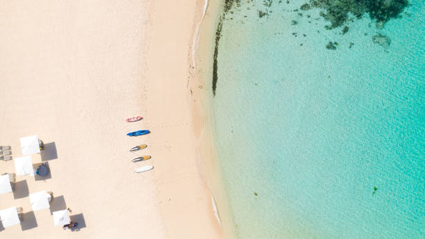 istock Beach umbrellas and deck chairs on the white beach 1161968845