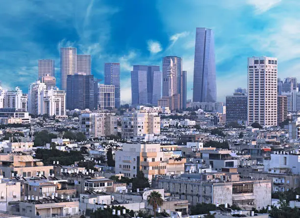 A beautiful contrasting view of the old and modern Tel Aviv city, under an amazing sky.