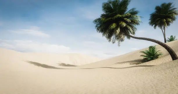 Digitally generated idyllic desert landscape with palm trees.

The scene was rendered with photorealistic shaders and lighting in Autodesk® 3ds Max 2020 with V-Ray Next with some post-production added.