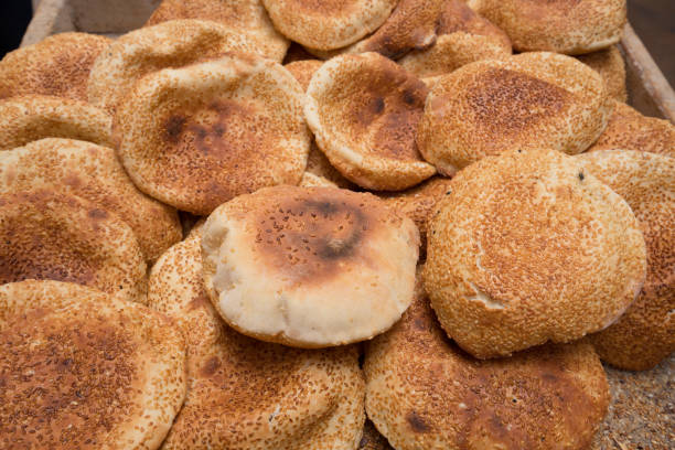 Particular type of bread at a market stall in the historic center of Tripoli, Lebanon stock photo