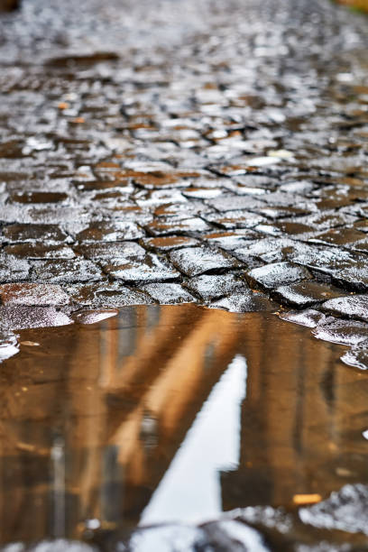 rue pavée de brique de pavé à rome - puddle rome reflection street photos et images de collection