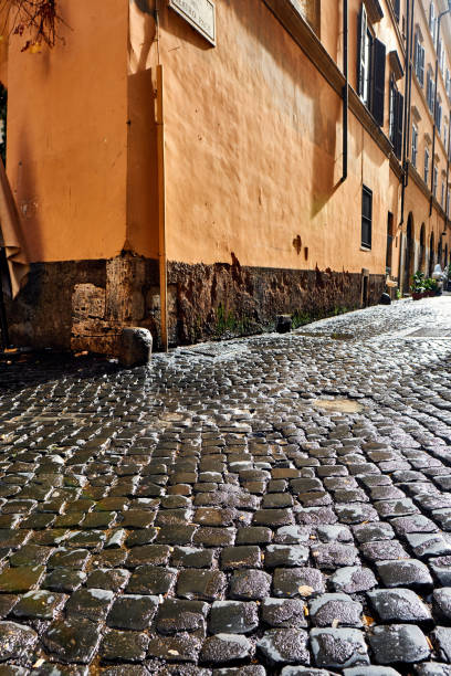 rue pavée de brique de pavé à rome - puddle rome reflection street photos et images de collection