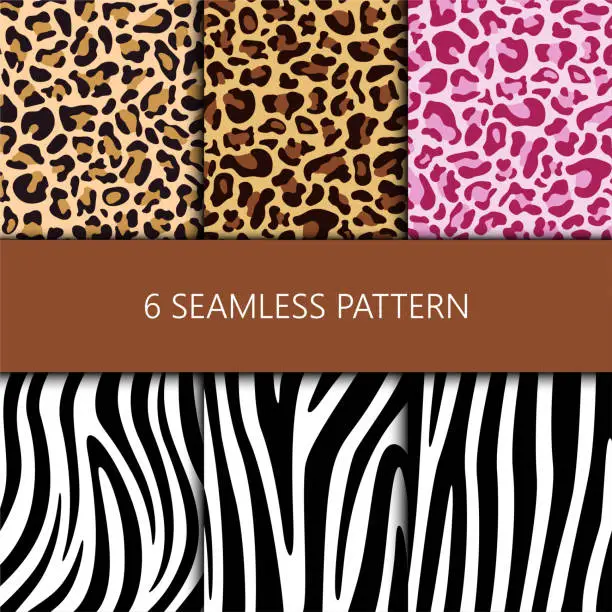 Vector illustration of Set of seamless pattern with leopard and zebra skin, vector illustration