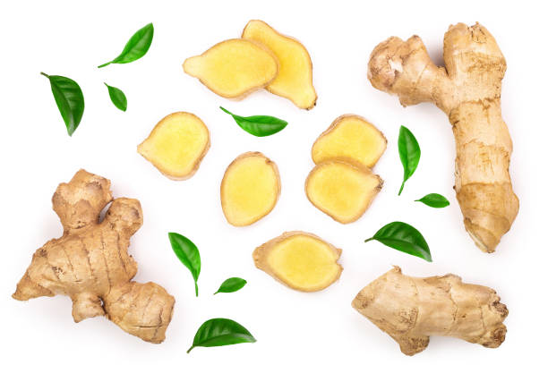 istock fresh Ginger root and slice isolated on white background. Top view. Flat lay 1161974902