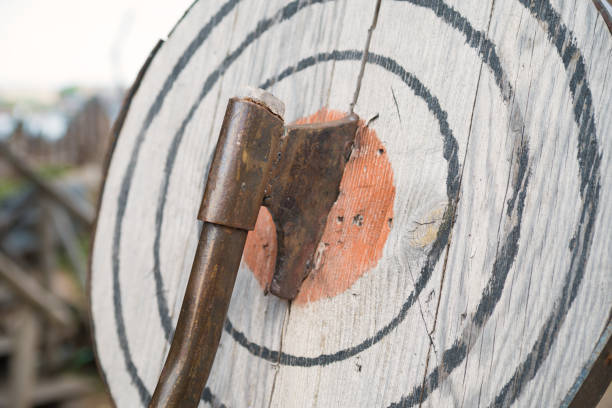 대상에 도끼, 도끼를 던지는 엔터테인먼트 - handle axe work tool wood 뉴스 사진 이미지