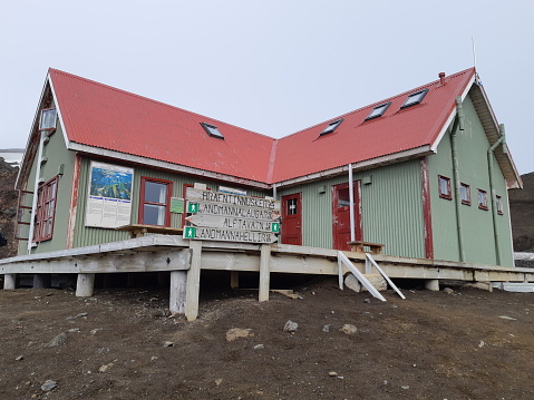 Hrafntinnusker, Iceland, July 2019: mountain hut on the  laugavegur hiking trail to Thorsmork