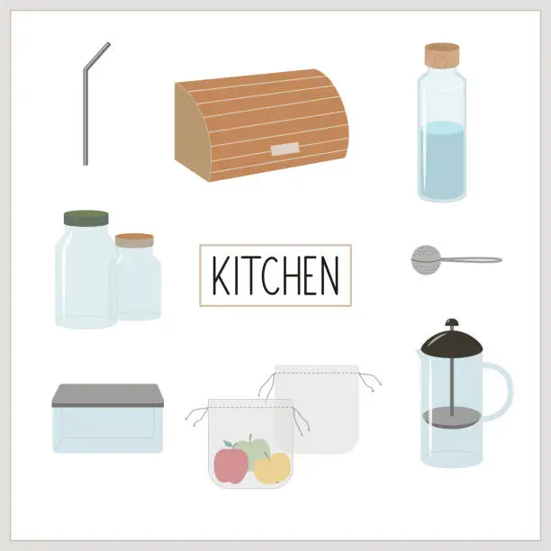 Vector illustration of Set of vector elements, eco, green and zero waste lifestyle for kitchen. Breadbox, stainless steel straw, food container, tea globe infuser, produce bag, french press, glass jars and bottle.