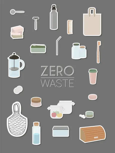 Vector illustration of Vector illustration. Infographic template with elements of zero waste lifestyle on dark background, kitchen, cosmetics, eco bags. For online or offline shop, article, website, logo