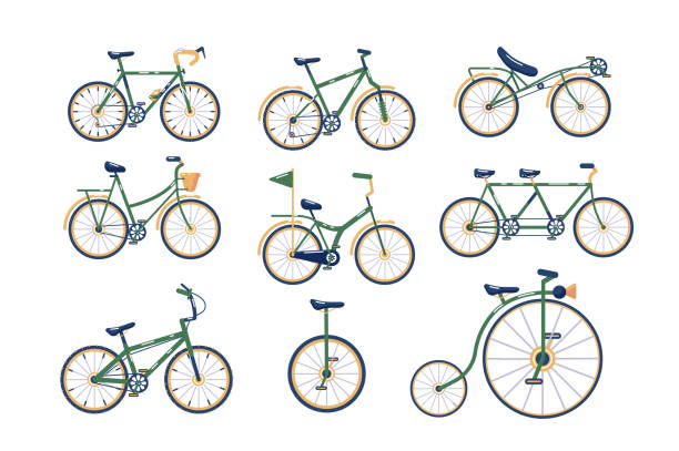 Different types of bicycles set Different types of bicycles set vector illustration. Collection of various bikes, modern, traditional, sport, extreme flat style concept. Vintage and modern cycles. Isolated on white penny farthing bicycle stock illustrations