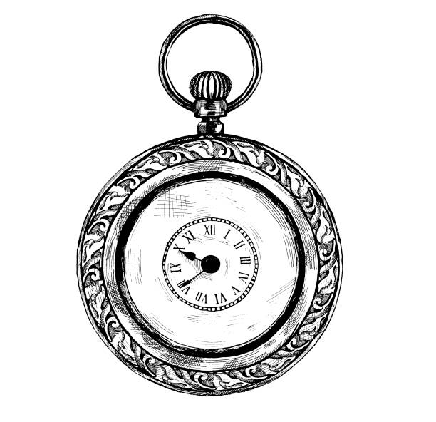 ベクトル黒と白の詳細なインク手描きのイラストやアンティーク、ヴィンテージ、昔ながらの時計や懐中時計のロゴ、白い背景に隔離。 - clock nobody decoration minute hand点のイラスト素材／クリップアート素材／マンガ素材／アイコン素材