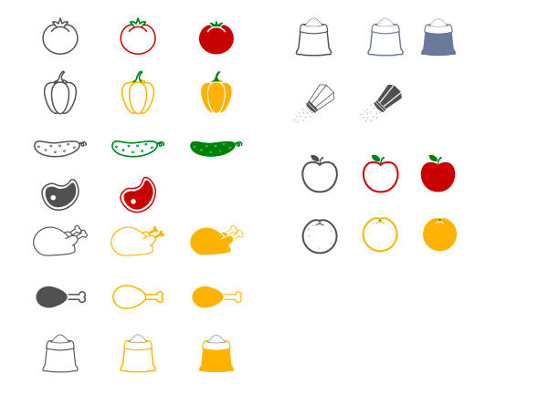 ilustrações de stock, clip art, desenhos animados e ícones de vector flat line illustration of icons, logo of food, products and healthy life, staying fit and full of energy. green, red, grey, blue, yellow pictograms of tomatoes, cucumber, bell sweet pepper, meat, chicken, pork, turkey, salt, sugar, pepper, apple - green bell pepper illustrations