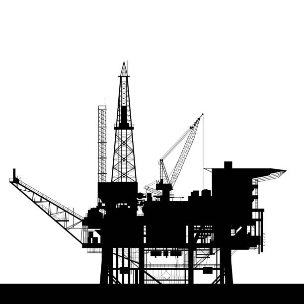 바다 오일 플랫폼 아이콘 - 리그 플랫폼 실루엣, 가스 및 석유 바다 보링 타워 - oil rig oil industry sea oil stock illustrations