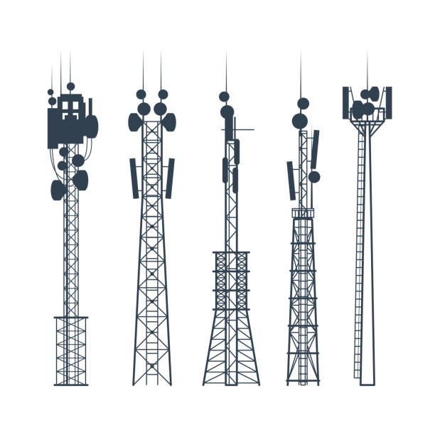 Transmission cellular towers, satellite communication antenna silhouette, of radio signal tower Transmission cellular towers, satellite communication antenna silhouette, of radio signal tower internet silhouettes stock illustrations