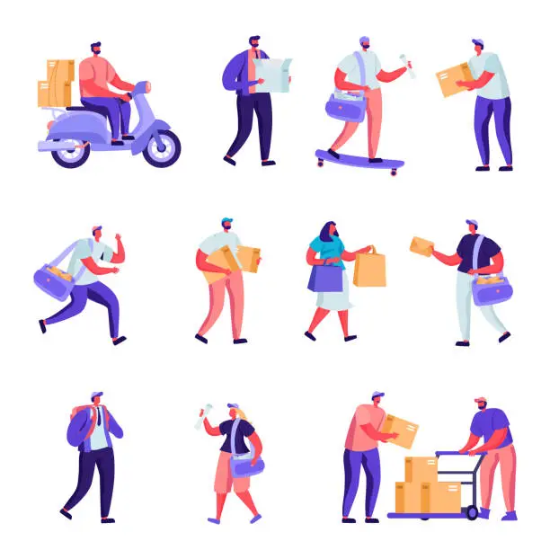 Vector illustration of Set of Flat Postal Delivery Service Characters.