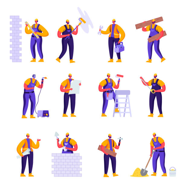 ilustrações de stock, clip art, desenhos animados e ícones de set of flat professional construction workers engineers characters. - home improvement work tool hammer portrait