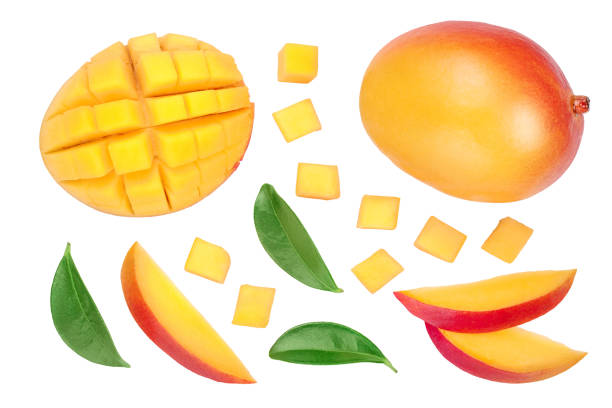 istock Mango fruit half with slices isolated on white background. Set or collection. Top view. Flat lay 1161983153