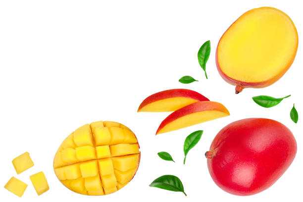 istock Mango fruit and half with slices isolated on white background with copy space for your text. Top view. Flat lay 1161983155