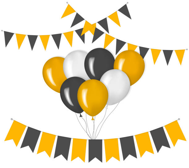 urlaub dekorationen, vektor-illustration. ballon-bunch und wimpel banner hängenfahnen. weiß, schwarz, orange farben - pennant flag party streamer stock-grafiken, -clipart, -cartoons und -symbole