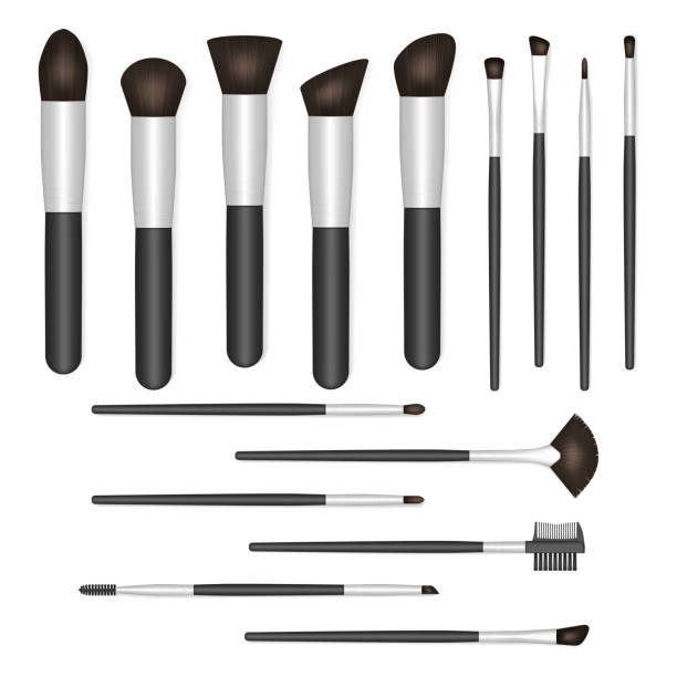 ilustrações de stock, clip art, desenhos animados e ícones de makeup brush kit, vector illustration. make-up brushes isolated on white background - eyes narrowed