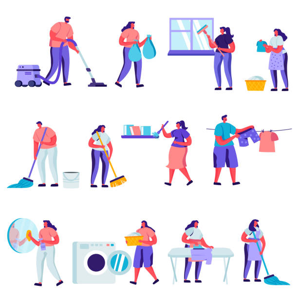 stockillustraties, clipart, cartoons en iconen met set van platte schoonmaak en reparatie van medewerkers karakters. - schoonmaken illustraties