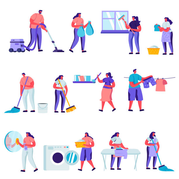 Set of Flat Cleaning and Repair Service Workers Characters. Set of Flat Cleaning and Repair Service Workers Characters. Cartoon People Service of Professional Cleaners at Work Mopping, Vacuuming Floor. Vector Illustration. cleaner illustrations stock illustrations