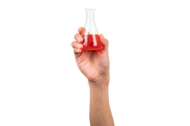 istock Erlenmeyer flask or conical flask with red water or red liquid holding by boy hand isolated on white background. Hand showing science conical glass beaker in laboratory. 1161987193