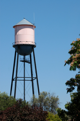 Water tower for small town. This type of water tower was used across the United States.