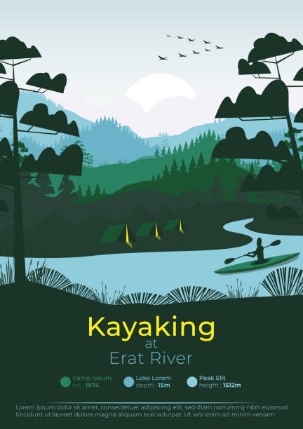 stockillustraties, clipart, cartoons en iconen met platte minimale kajak poster met dennenbos en bergen; - kano op rivier