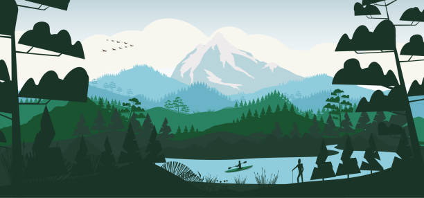 ilustraciones, imágenes clip art, dibujos animados e iconos de stock de lago mínimo plano con bosque de pinos y montañas - pine wood forest river