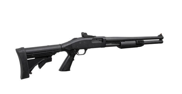 istock Modern black shotgun isolate on white background. Black tactical shotgun on a light background. 1161989122