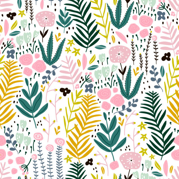 꽃, 가지, 잎과 원활한 패턴. �창조적 인 꽃 질감. 직물, 직물 벡터 일러스트레이트에 적합 - juicy stock illustrations
