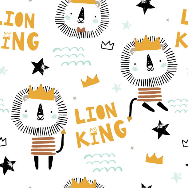 귀여운 사자 왕, 크라운, 별과 원활한 유치 한 패턴. 직물, 포장, 직물, 벽지, 의류에 대한 창조적 인 스칸디나비아 스타일의 아이 텍스처. 벡터 일러스트레이션 - lion king stock illustrations