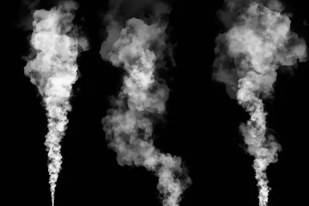 set of three white smoke or steam plumes with tapered ends isolated on black background for graphic resource