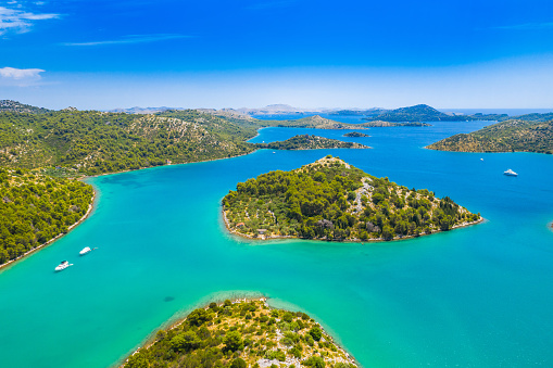 Beautiful blue sea, small islands archipelago in nature park Telascica on the island of Dugi Otok in Croatia, aerial seascape