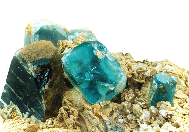 Smoky Quartz and blue Topaz on Quartzite material stock photo