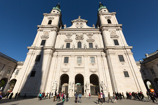 Salzburg, Austria - April 29, 2016: Famous Salzburg Cathedral (Salzburger Dom) at Domplatz, Salzburg Land, Austria