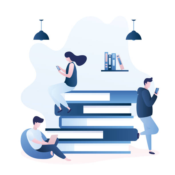 Various people with smart gadgets,books on background,education and skill improvement concept Various people with smart gadgets,books on background,education and skill improvement concept,male and female characters,trendy style vector illustration book dedication stock illustrations