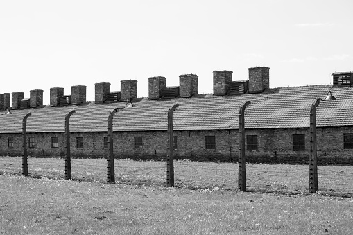 the Auschwitz-Birkenau concentration camp, located in Poland in Central Europe.  Barracks that housed prisoners.