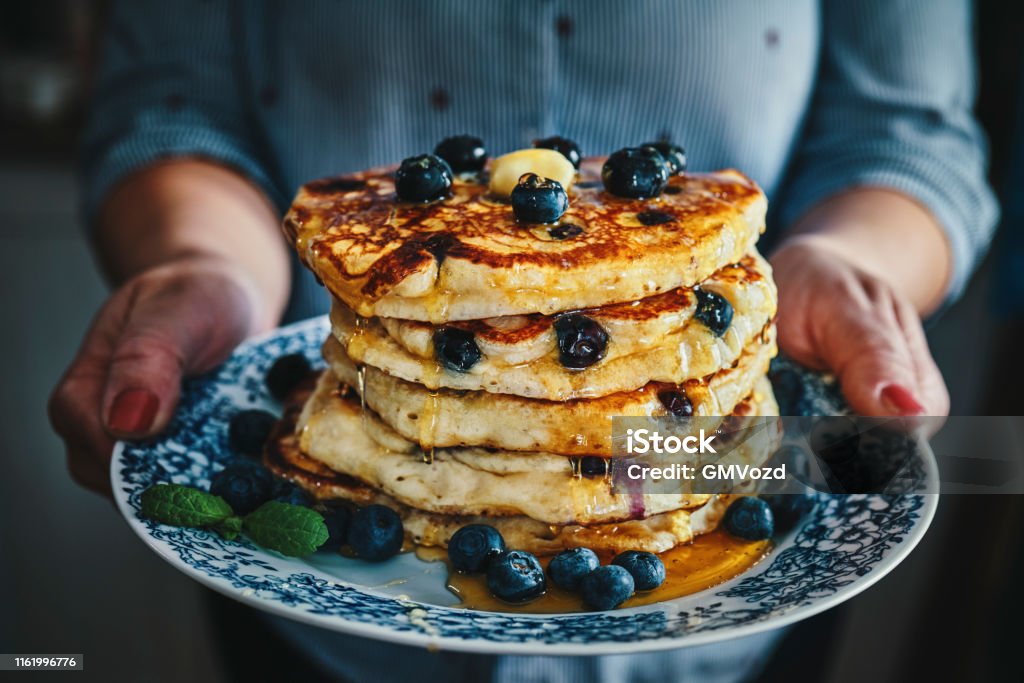 Stack of Pancakes with Maple Syrup and Fresh Blueberries Pancake Stock Photo