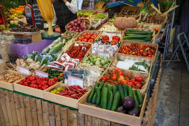 Sales stall with fresh fruits and vegetables at Viktualienmarkt in Munich, the Viktualienmarkt is a typical farmer's market