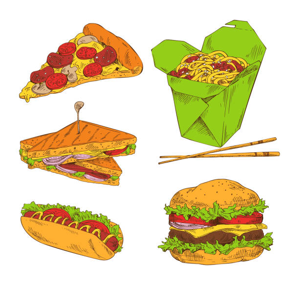 пицца хот-дог сэндвич лапша и большой гамбургер - hot dog hamburger burger grilled stock illustrations