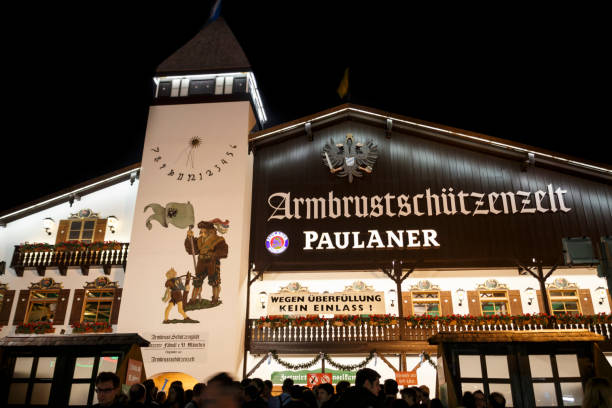 Armbrustschuetzenzelt  at Oktoberfest during night in Munich, Germany, 2015 stock photo