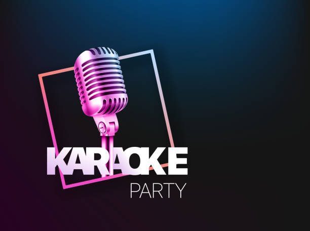 illustrazioni stock, clip art, cartoni animati e icone di tendenza di layout banner festa discoteca. modello di scheda vettoriale con copyspace - karaoke